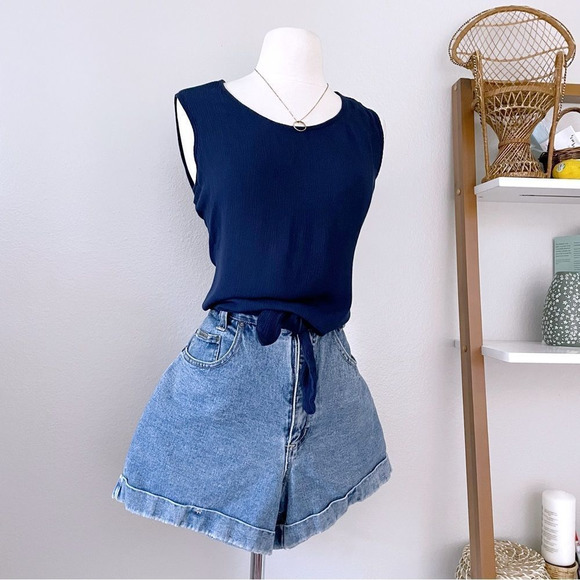 Textured Navy Blue Front Tie Top - Picture 1 of 5